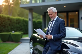 Homme en costume navy près d'une voiture de luxe