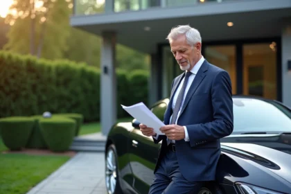 Homme en costume navy près d'une voiture de luxe
