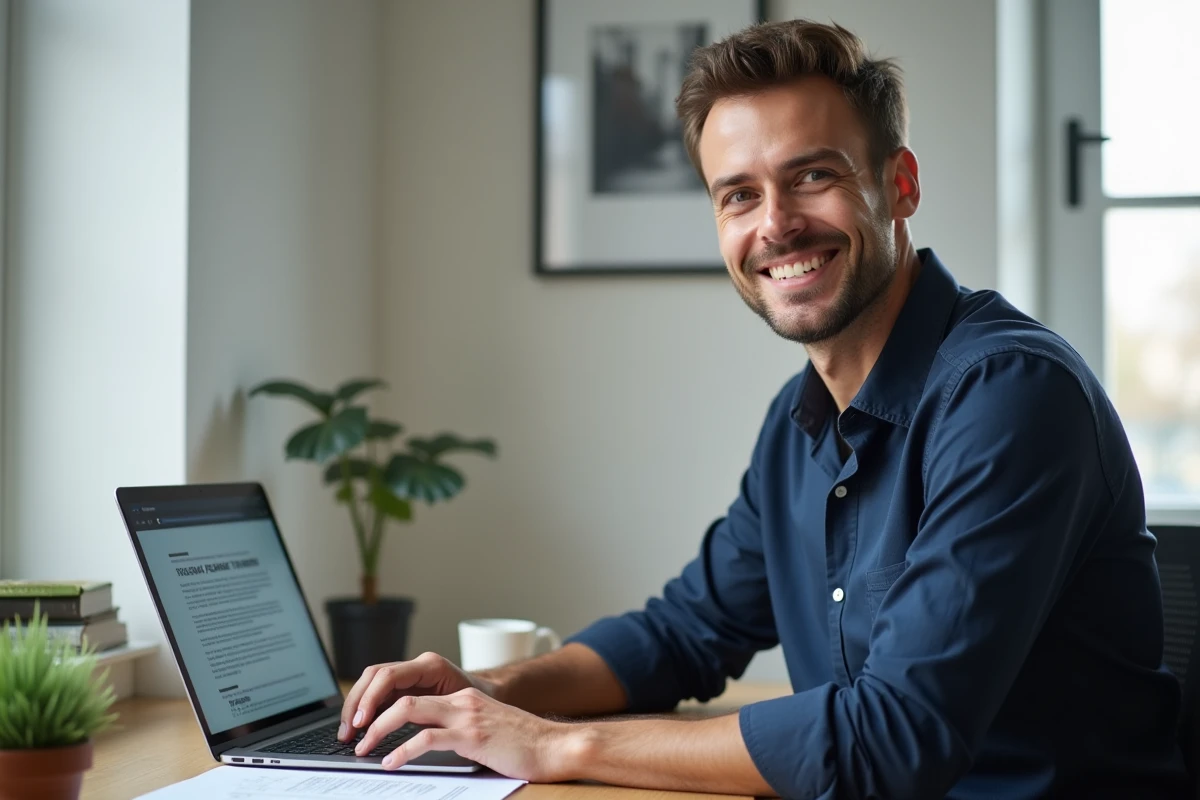 Homme en chemise bleue téléchargeant un modèle de cession de vente PDF gratuit sur son ordinateur portable à domicile