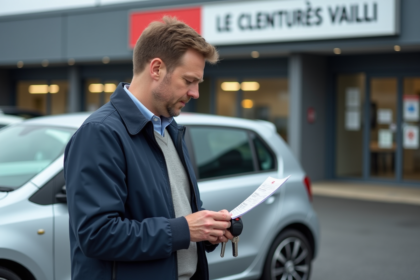 Homme vérifiant papiers devant sa voiture en parking