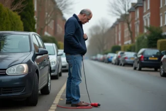 Homme inspectant ses câbles de démarrage voiture en rue