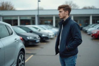Jeune homme inspectant une voiture en concession