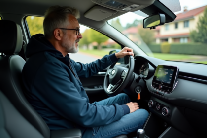 Homme d'âge moyen vérifiant son tableau de bord voiture