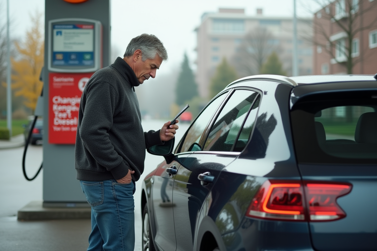 Homme d'âge moyen près d'une voiture diesel urbaine