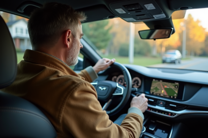 Homme d'âge moyen utilisant le système de navigation dans sa voiture