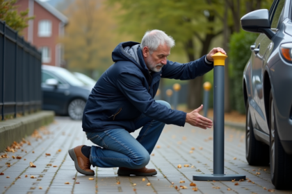 Homme en jeans et coupe-vent pose une barriere de stationnement