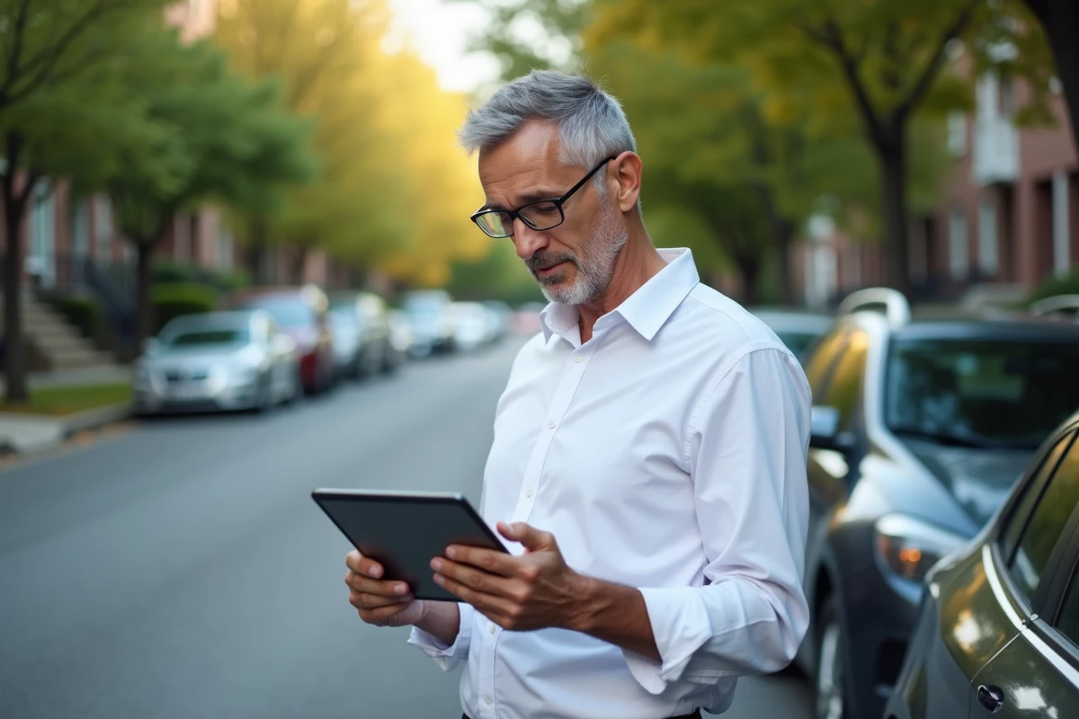 Homme vérifiant son dossier de conduite avec une tablette devant sa voiture
