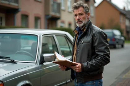 Homme avec documents près d'une voiture vintage