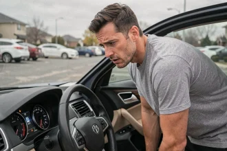 Homme examinant les voyants allumés du tableau de bord de sa voiture dans un parking
