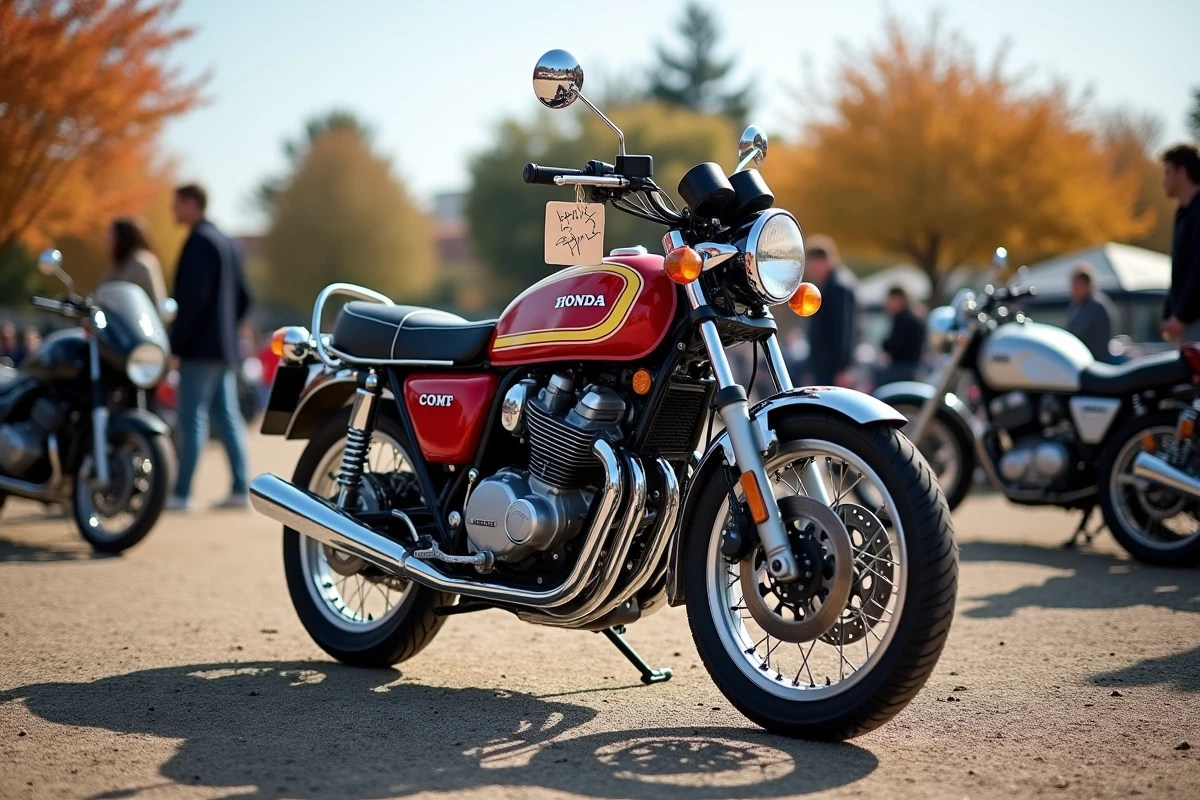 Honda XLV750R exposée lors d'un rassemblement de motos vintage en plein air à l'automne, avec étiquette de prix visible et visiteurs en arrière-plan évoquant la cote du marché