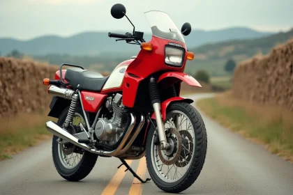 Honda XLV750R de 1983 garée sur une route de campagne française, vue trois-quarts avant révélant la carrosserie rouge et blanche patinée et le moteur V-twin emblématique