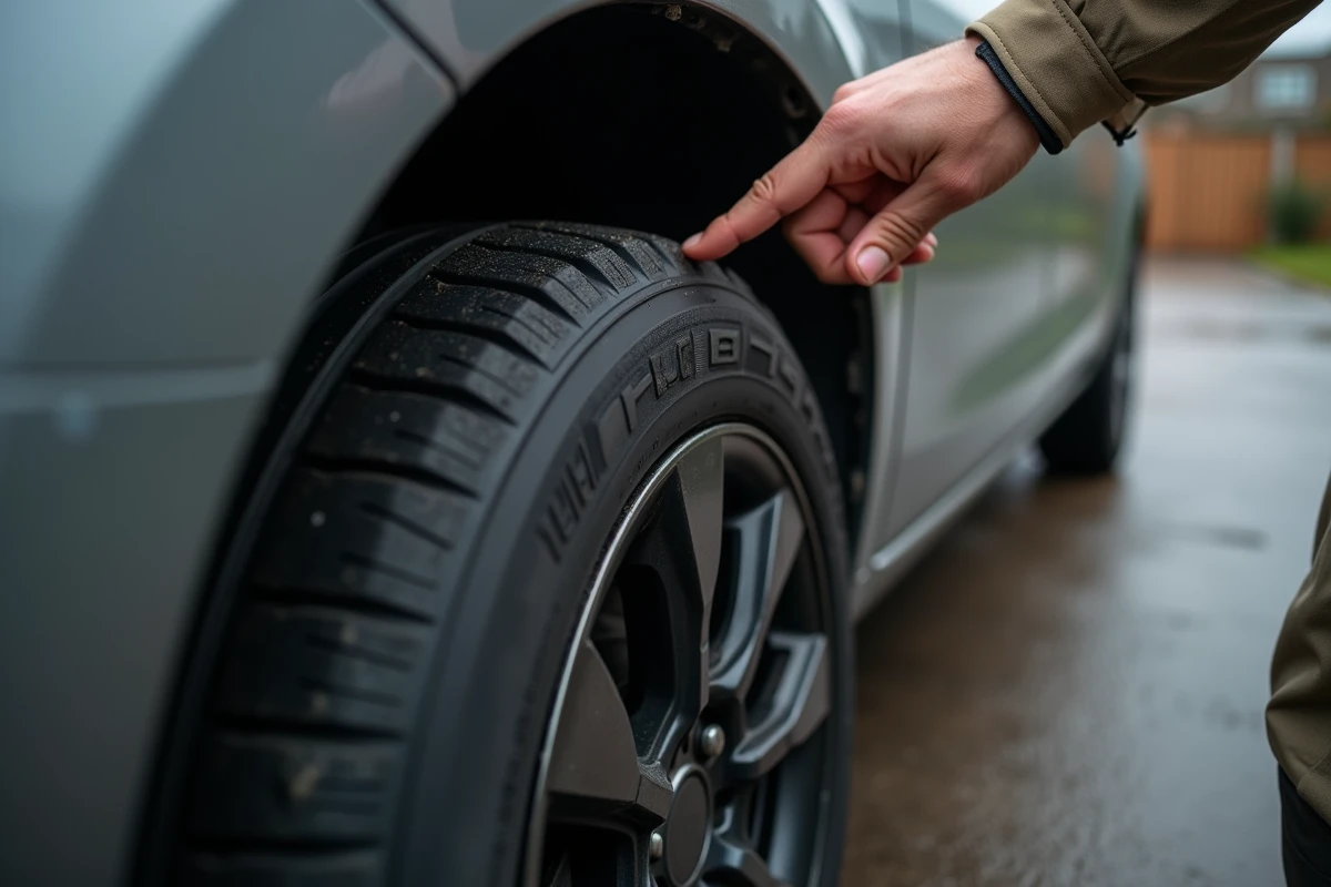 Gros plan sur les marquages d'indice de charge et de vitesse gravés sur le flanc d'un pneu de voiture