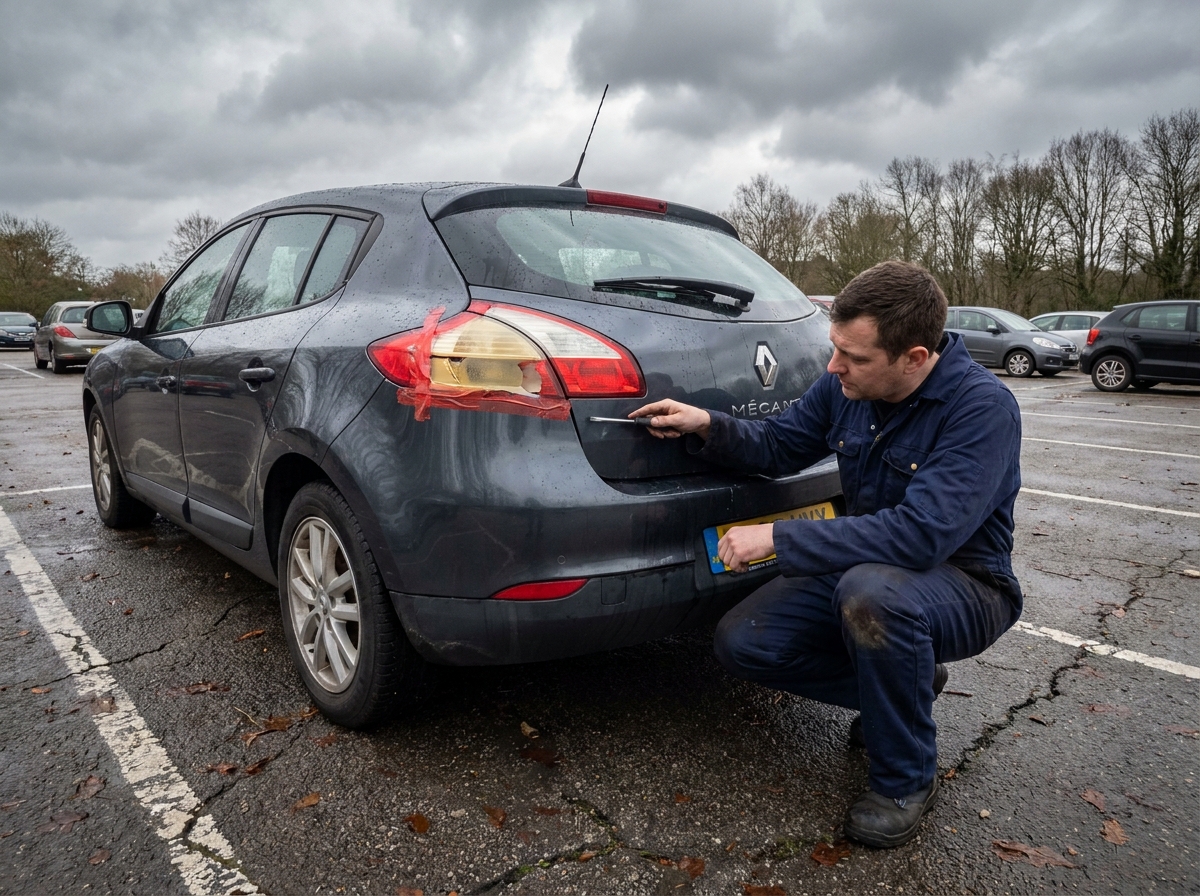Mécanicien inspectant le feu arrière endommagé d'une Renault Mégane 3 grise dans un parking extérieur