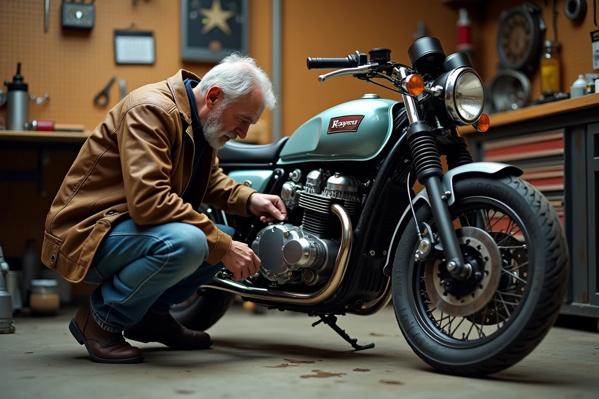 Passionné de motos inspectant le moteur d'une Honda XLV750R dans un garage atelier, ambiance authentique d'expertise mécanique pour estimation de cote