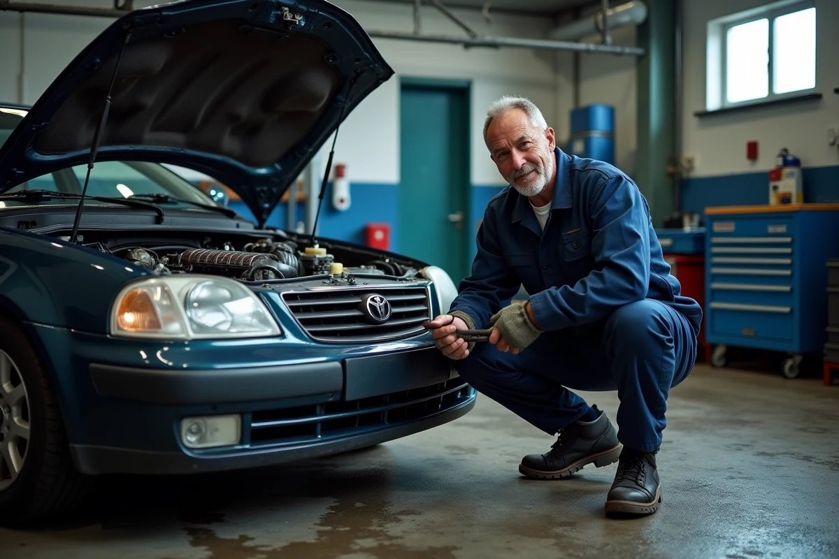 Mécanicien inspectant le moteur d'un break familial d'occasion dans un garage indépendant