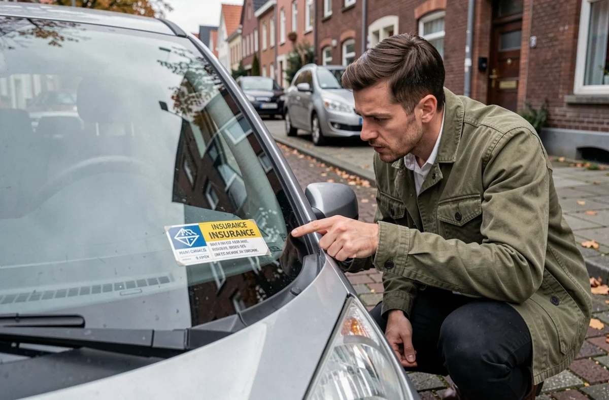 Homme inspectant la vignette d'assurance sur le pare-brise d'une voiture en rue