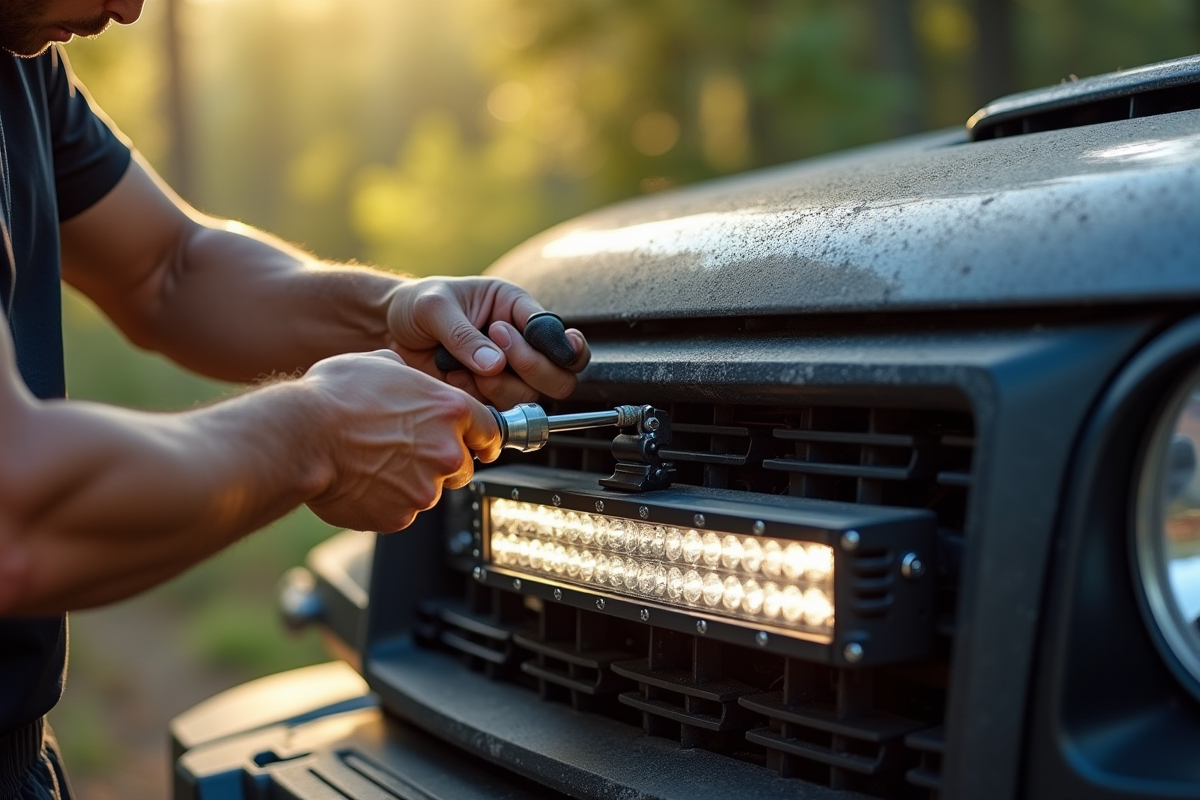 Mains installant une lampe LED sur un 4x4 en plein jour
