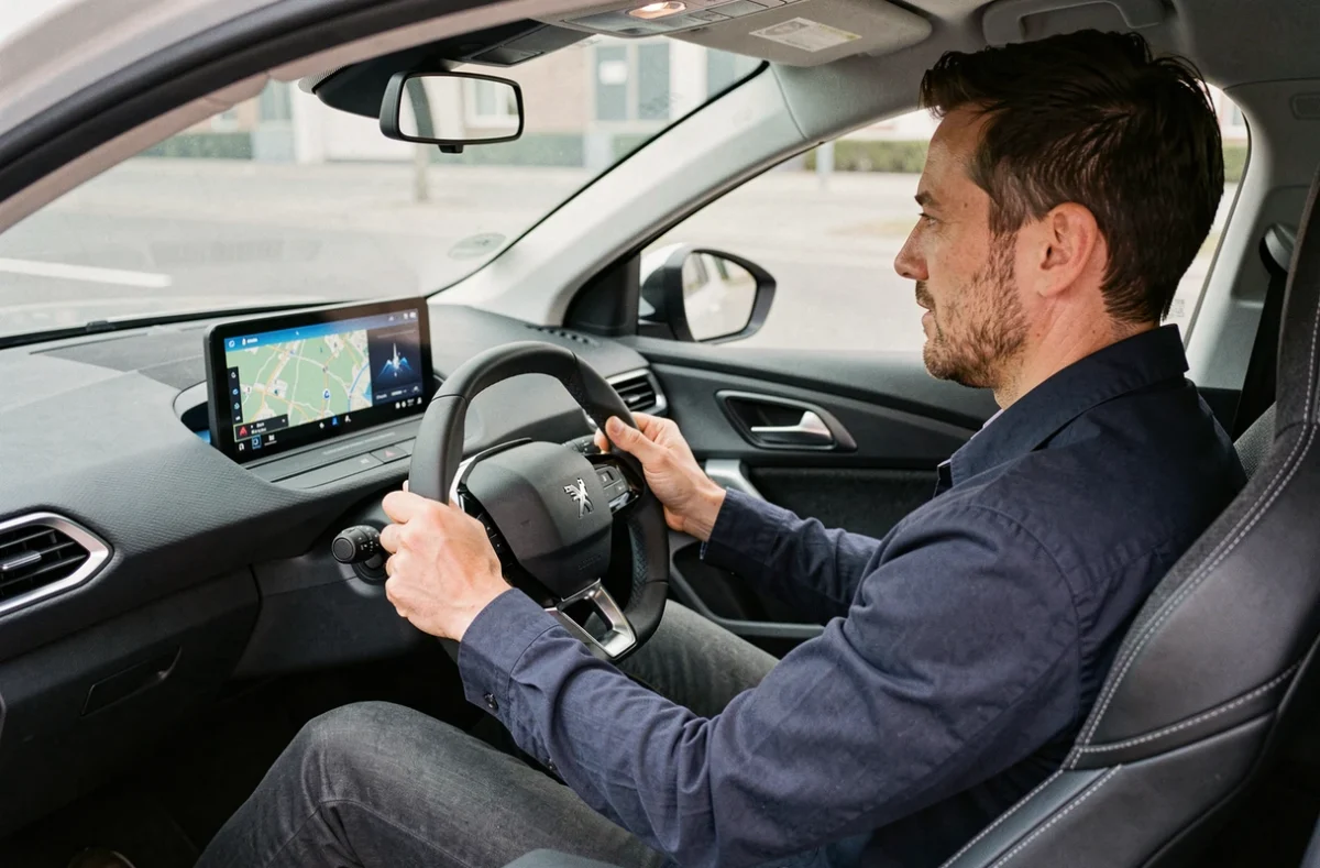 Intérieur de la Peugeot 308 avec le tableau de bord i-Cockpit et un conducteur au volant