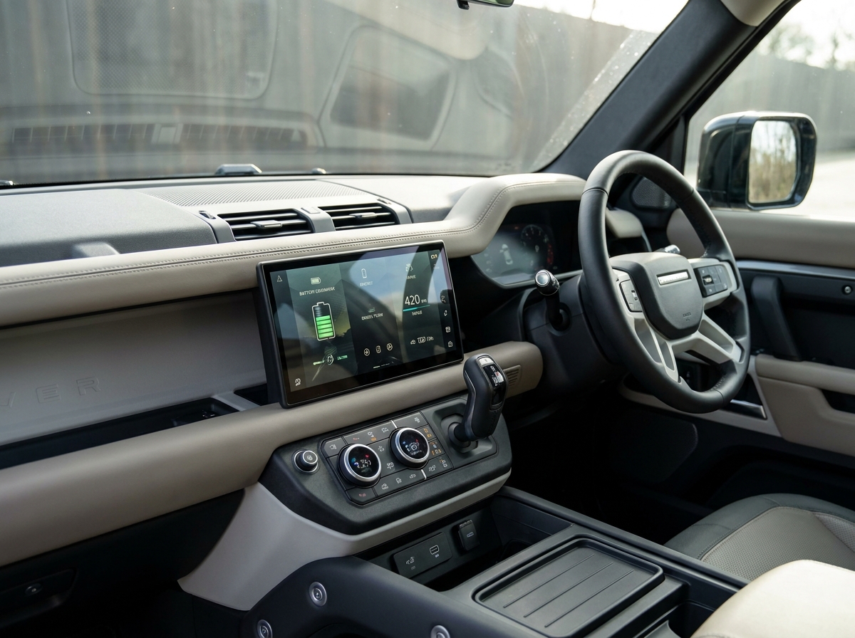 Tableau de bord intérieur d'un SUV hybride avec écran tactile affichant l'autonomie électrique et la consommation