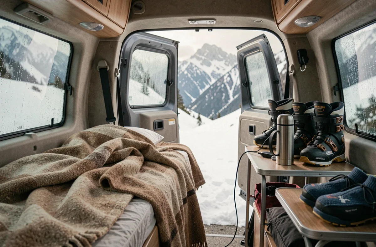 Intérieur aménagé d'un van chinois pour l'hivernage en montagne avec chauffage diesel et équipement de ski
