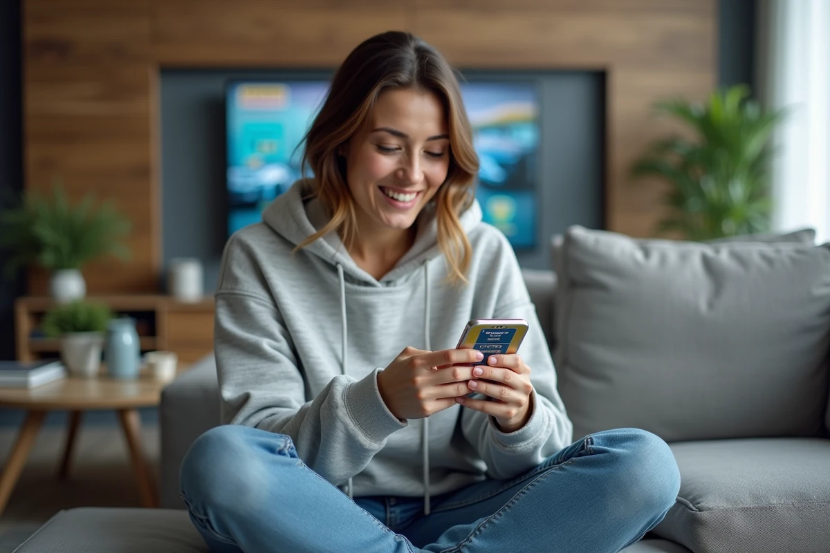 Femme jouant à un jeu de quiz sur les marques de voiture sur smartphone, assise dans un salon moderne et détendu