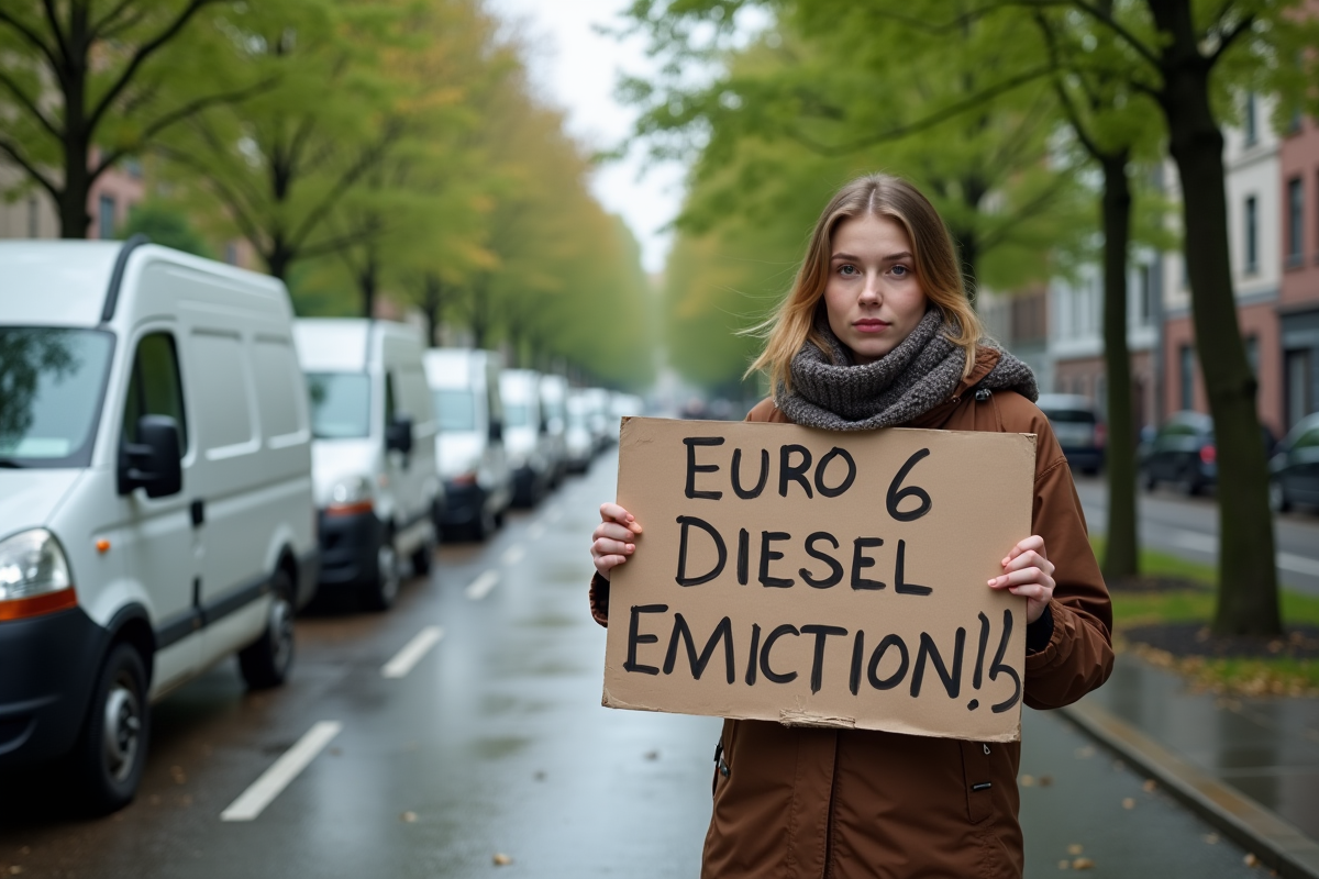 Jeune femme activiste avec panneau contre diesel en ville