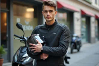 Jeune conducteur de moto 125cc avec casque et blouson, posant à côté d'une BENDA 125 en ville