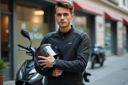 Jeune conducteur de moto 125cc avec casque et blouson, posant à côté d'une BENDA 125 en ville