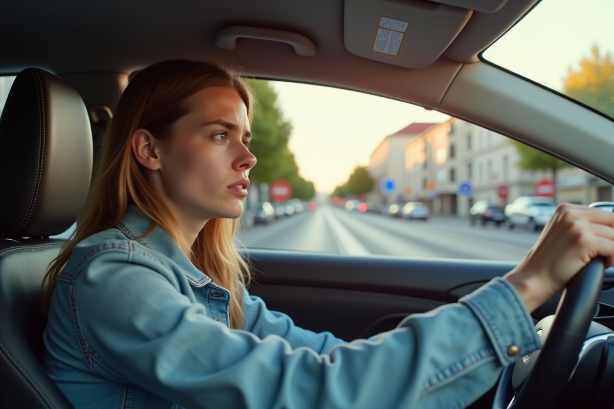 Jeune conducteur inquiet dans une voiture moderne en ville
