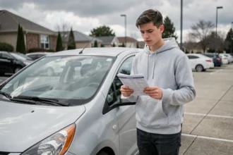 Jeune conducteur malussé tenant ses documents d'assurance auto devant sa voiture compacte dans un parking de banlieue