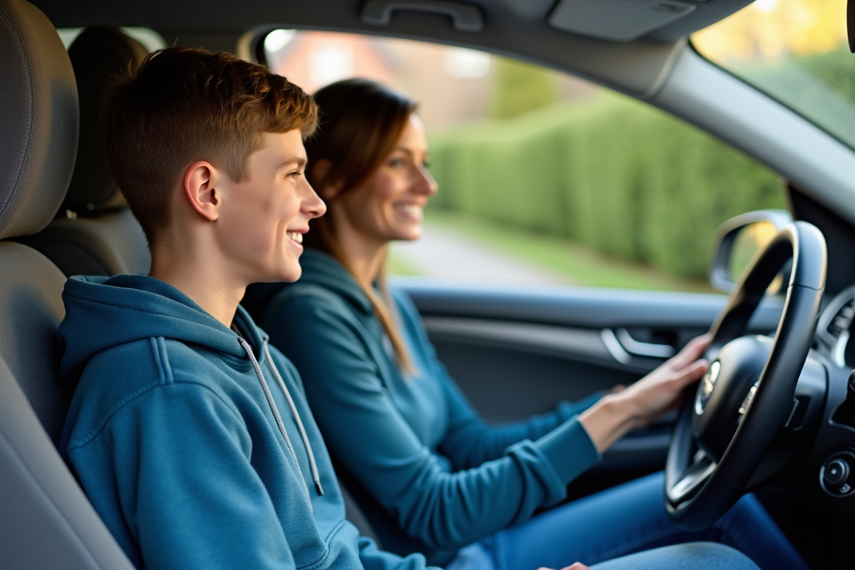 Adolescent en voiture avec sa mère dans un environnement suburbain