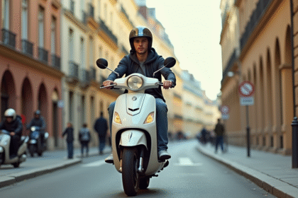 Jeune adulte roulant en scooter 50cc dans une ville française