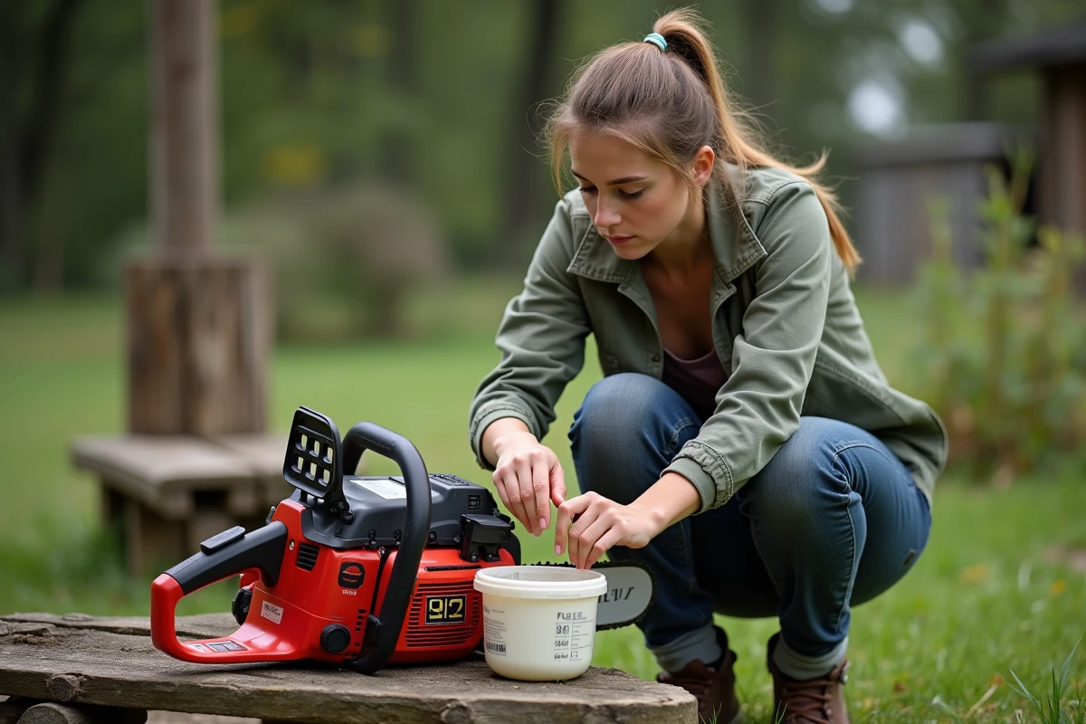 Jeune femme inspectant un mélangeur de carburant pour tronçonneuse
