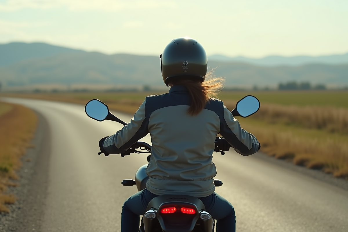 Jeune motarde signalant un virage sur route rurale