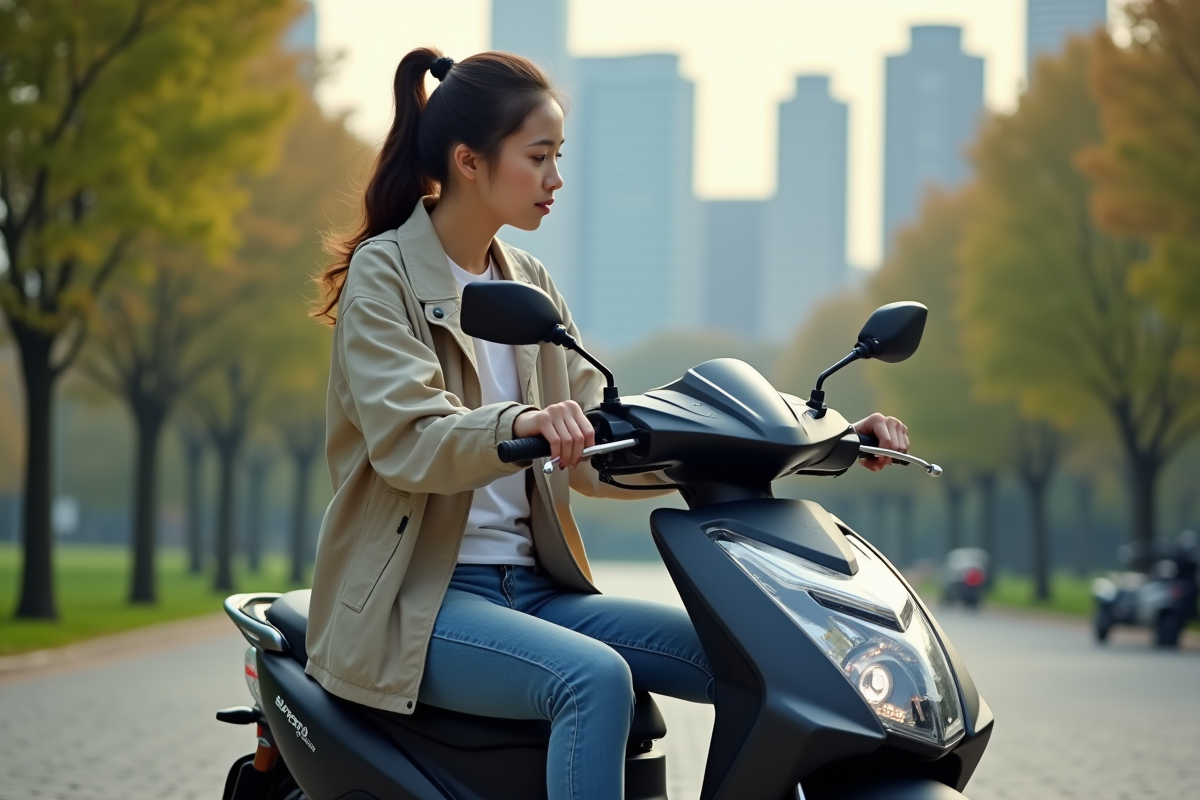 Jeune femme moderne assise sur une moto dans un parc urbain