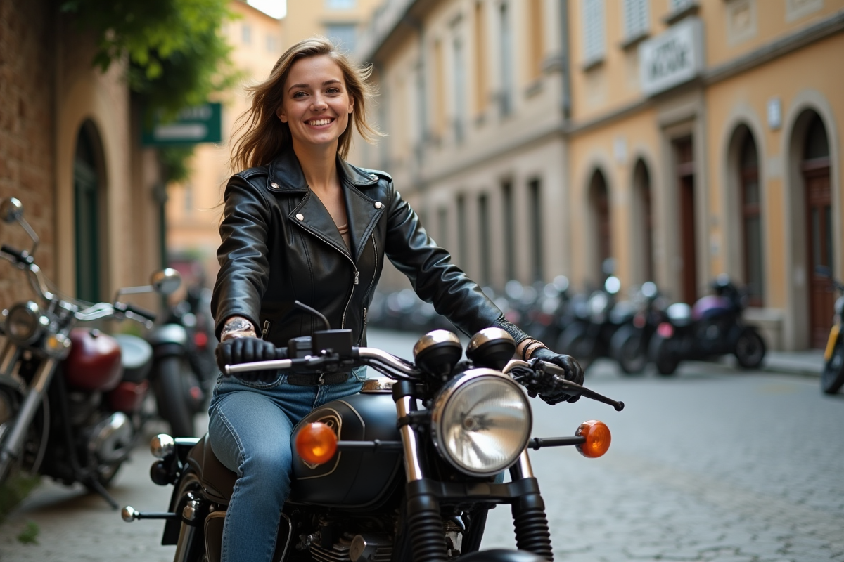 Jeune femme souriante sur une moto ancienne en ville