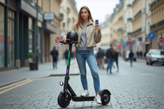 Jeune femme avec scooter et carte d'identite dans une rue parisienne