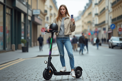 Jeune femme avec scooter et carte d'identite dans une rue parisienne