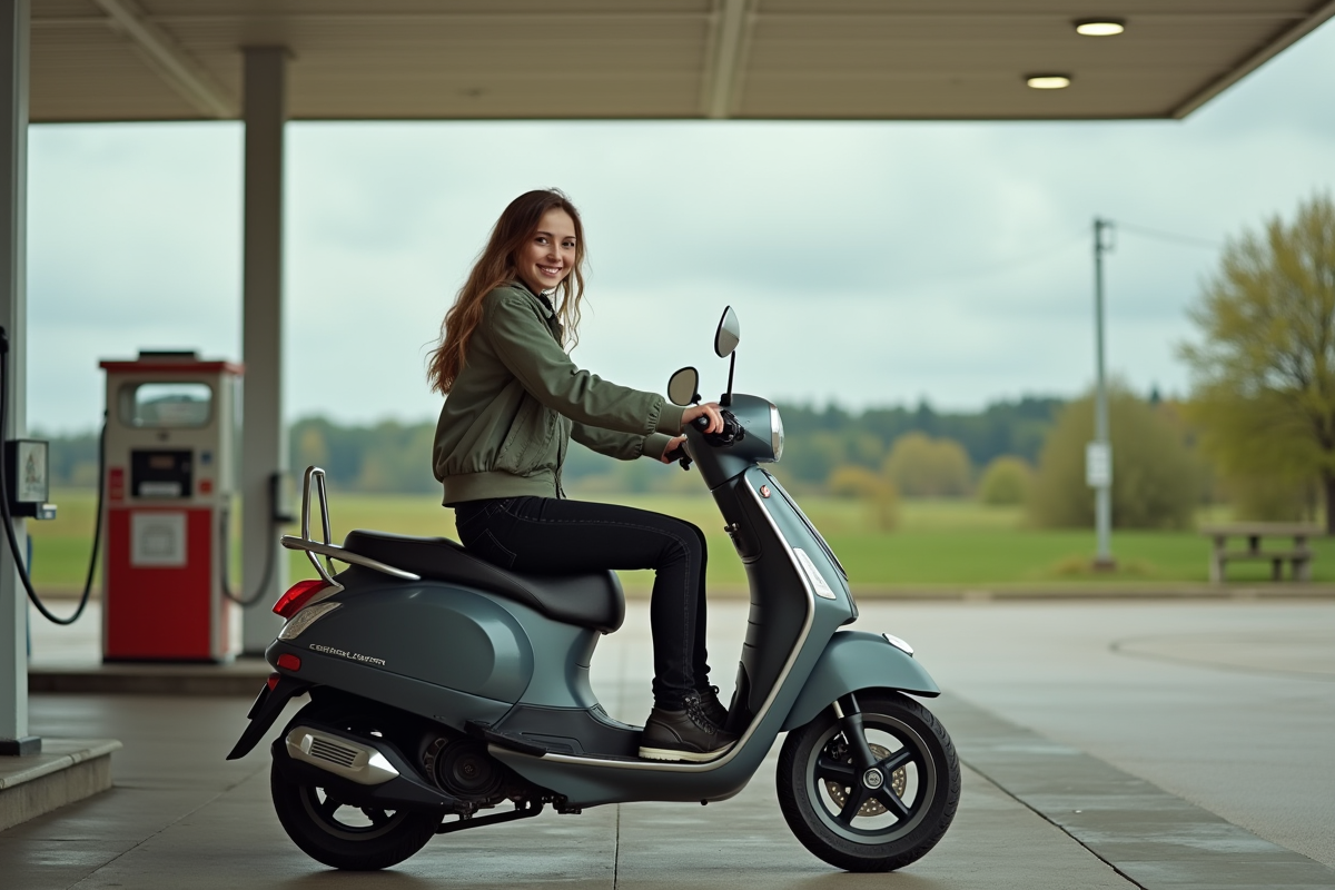 Jeune femme assise sur scooter à la station essence