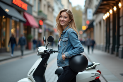 Jeune femme souriante avec scooter en ville dynamique