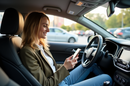 Jeune femme souriante dans une voiture avec smartphone