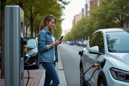 Jeune femme avec voiture électrique en ville