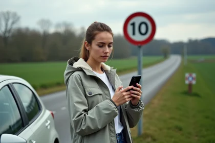 Jeune femme regardant son téléphone avec application de vitesse
