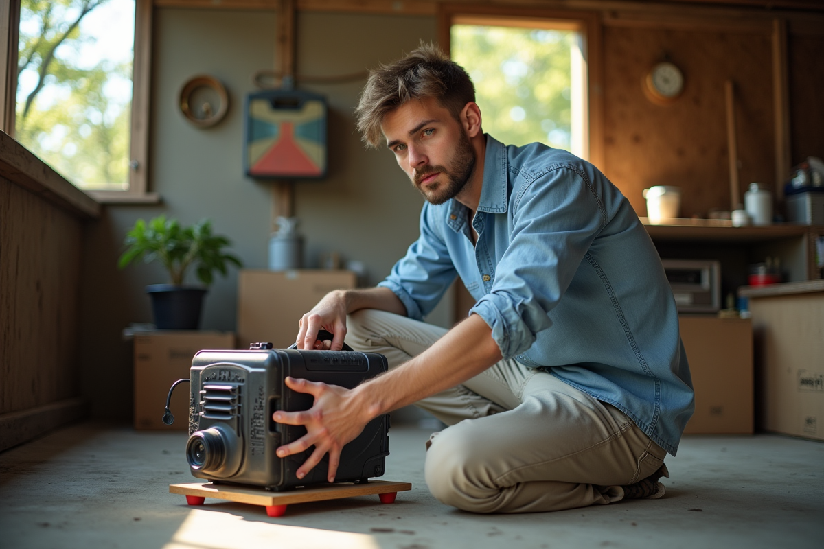 Jeune homme construisant un générateur hydroélectrique dans un garage