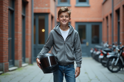 Jeune homme souriant avec casque de moto en ville