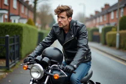 Jeune homme à moto Honda CB750 sur rue calme