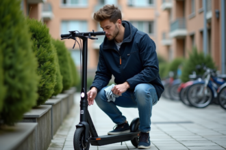 Jeune homme nettoyant les roues d’un scooter électrique en extérieur