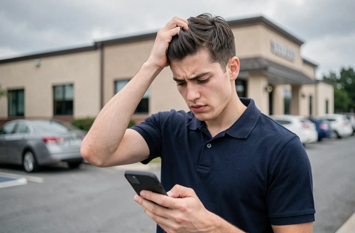 Jeune homme attendant les résultats de son examen du permis de conduire devant un centre d'examen en consultant son téléphone