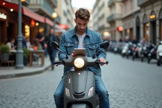 Jeune homme en denim sur scooter urbain à l'intersection