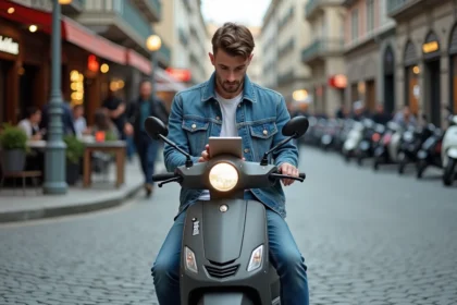 Jeune homme en denim sur scooter urbain à l'intersection